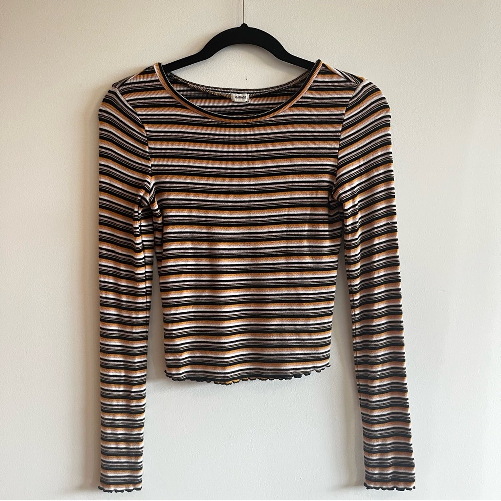 Garage Brown and White Ribbed Crop Long Sleeve Tee